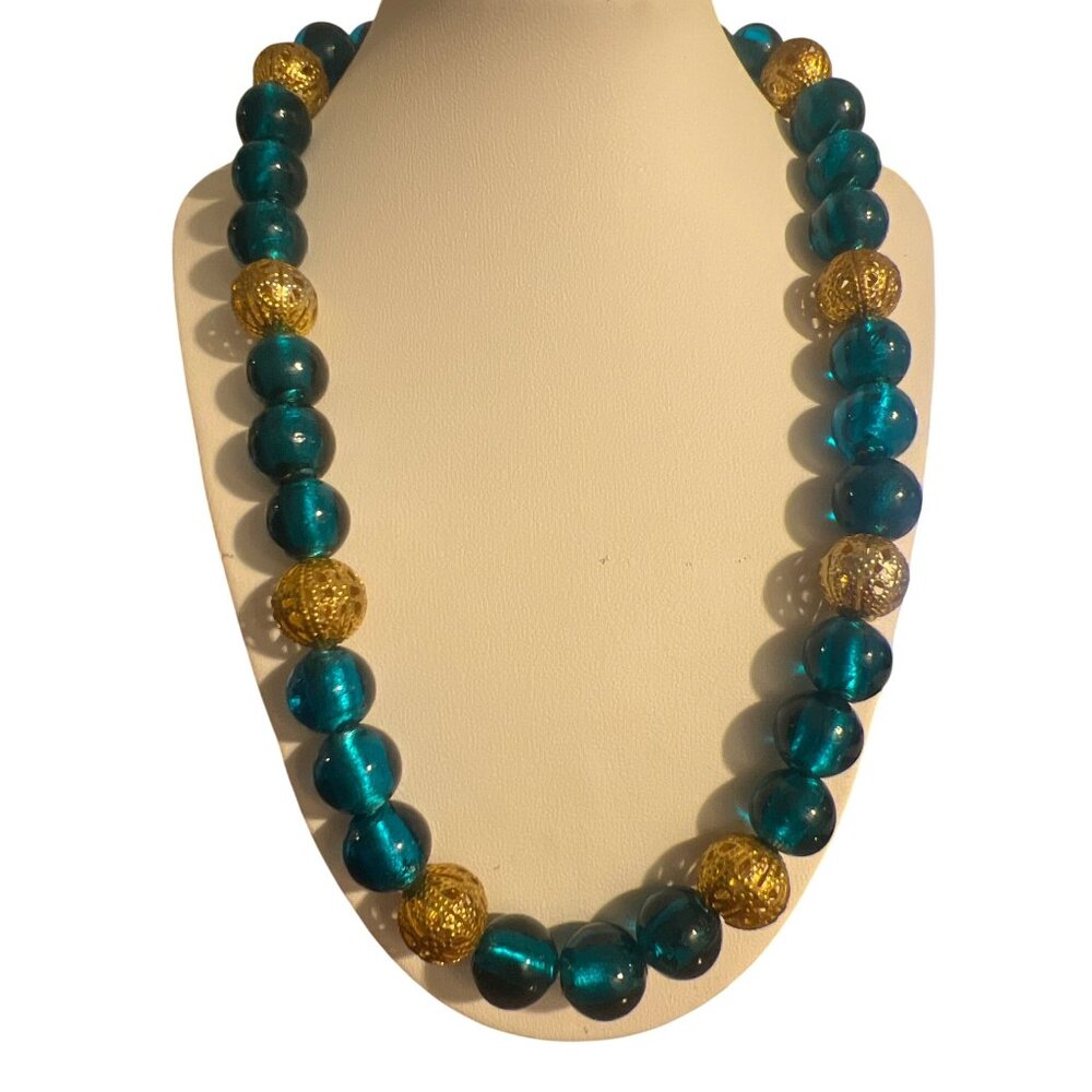 Vintage Blue Glass Bead Necklace Gold Tone Cage Beads Hook Clasp Estate 19.5"